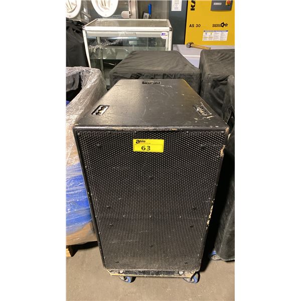 PAIR OF EASTERN ACOUSTIC WORKS SB600E CONCERT LEVEL SUBWOOFERS ON MOBILE STANDS WITH COVERS