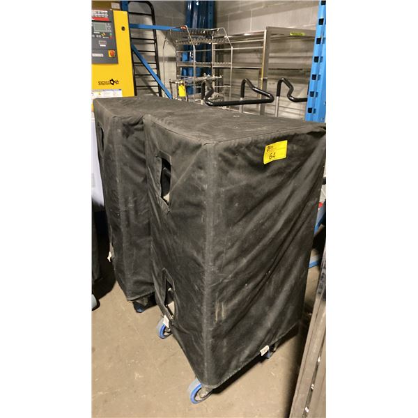 PAIR OF EASTERN ACOUSTIC WORKS SB600E CONCERT LEVEL SUBWOOFERS ON MOBILE STANDS WITH COVERS