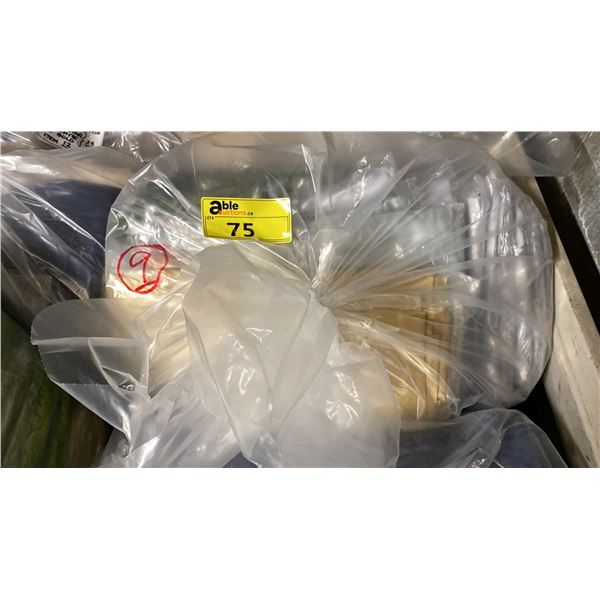 BAG OF EVENT 120" ROUND SATIN TABLECLOTHS IN ASSORTED COLOURS & 30 X 42" SPANDEX TABLE COVERS IN
