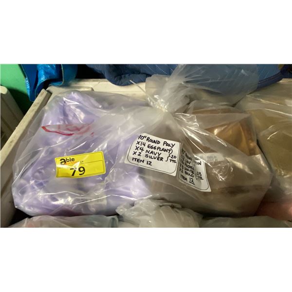 BAG OF EVENT POLY TABLECLOTHS 90" ROUND IN EGGPLANT, NAVY, SILVER & 90" ROUND SATIN TABLECLOTHS IN