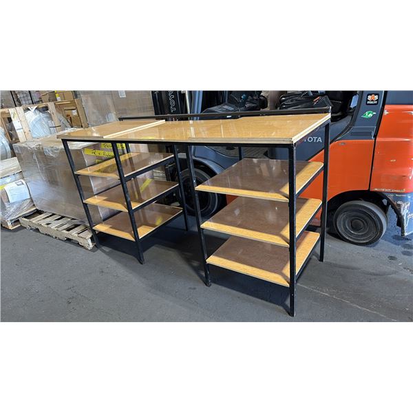 4 TIER BLACK METAL FRAMED BIRDS EYE FINISH TECHNICAL WORKBENCH WITH 2 FLOATING UPPER MONITOR STANDS