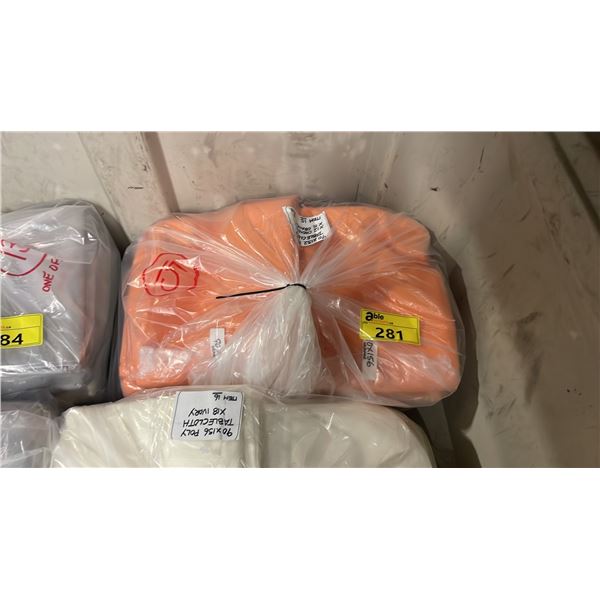BAG OF PROFESSIONAL EVENT TABLECLOTHS POLY ORANGE 90" X 156" 5 PCS & POLY CHOCOLATE 90" X 132" 12PCS
