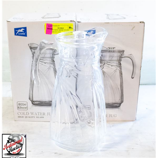 LOT OF 2 NEW 1800ML GLASS PITCHERS W/ LIDS
