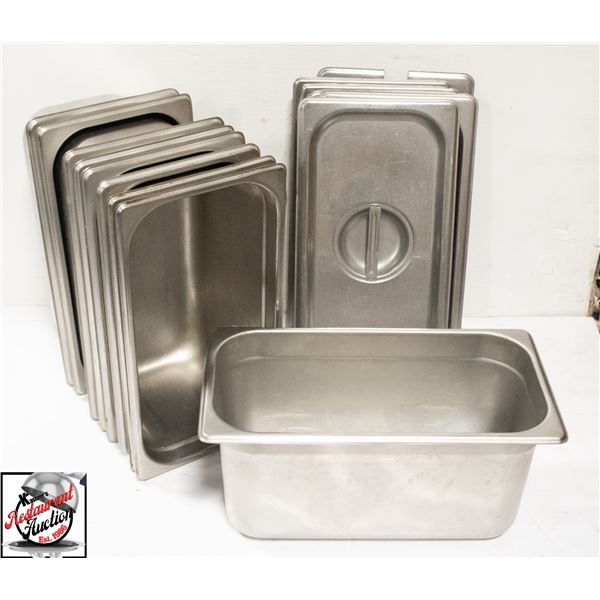 9 ASSORTED 1/3 STAINLESS STEEL INSERTS W/ 6 COVERS