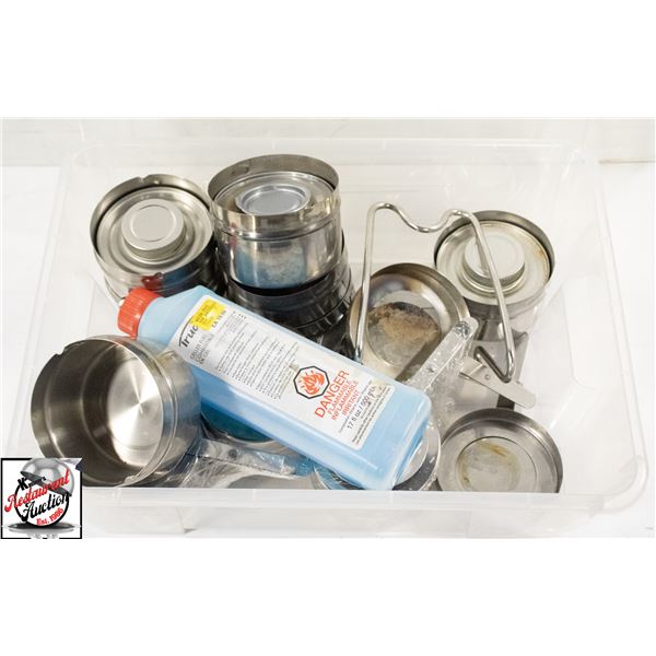 TOTE OF CHAFING DISH BURNERS W/ FUEL REFILL BOTTLE