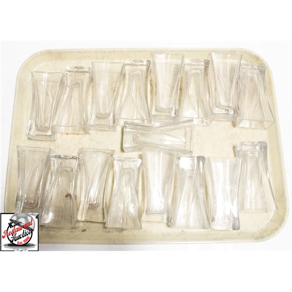 TRAY W/ 17 GLASS TABLE TOP VASES 3" X 2" X 5"