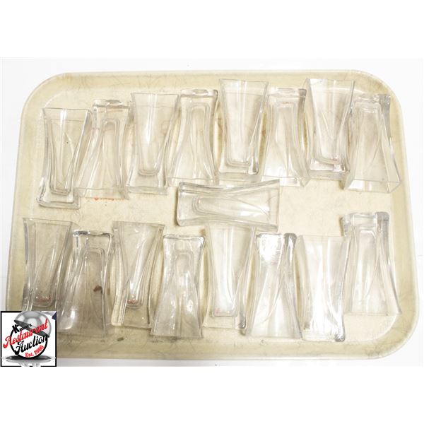 TRAY W/ 17 GLASS TABLE TOP VASES 3" X 2" X 5"