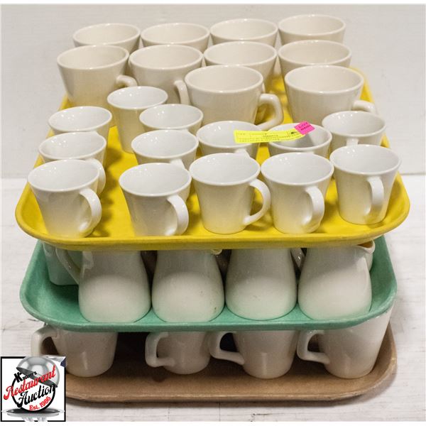 3 TRAYS W/ DUDSON COFFEE CUPS, CREAMERS & SUGARS