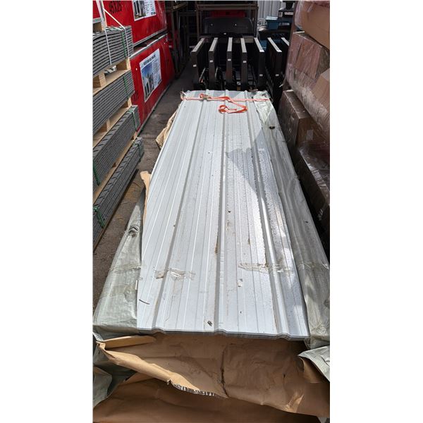 STACK OF 100 SKLP WHITE 10'L X 3' 2"W INDUSTRIAL CORRUGATED METAL ROOF / WALL SHEETING