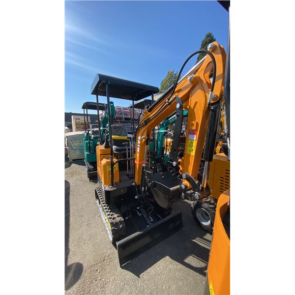 MIVA VA15 YELLOW 13.5 HP GAS POWERED RUBBER TRACK MINI EXCAVATOR WITH ATTACHED DIGGING BUCKET,