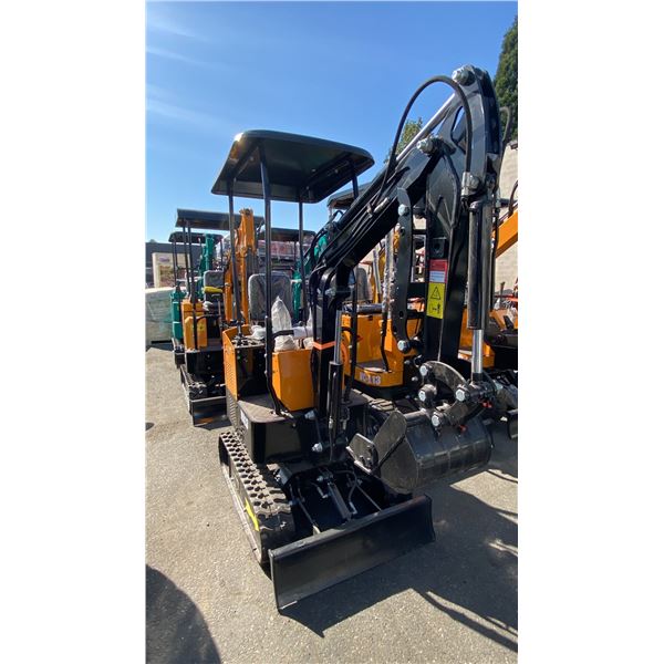 MIVA VA13 YELLOW 13.5 HP GAS POWERED RUBBER TRACK MINI EXCAVATOR WITH ATTACHED DIGGING BUCKET,