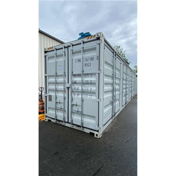 GREY 40' 52,910 LB MAX CAPACITY INDUSTRIAL TRANSPORT CONTAINER WITH 4 DUAL SWING SIDE DOORS DUAL
