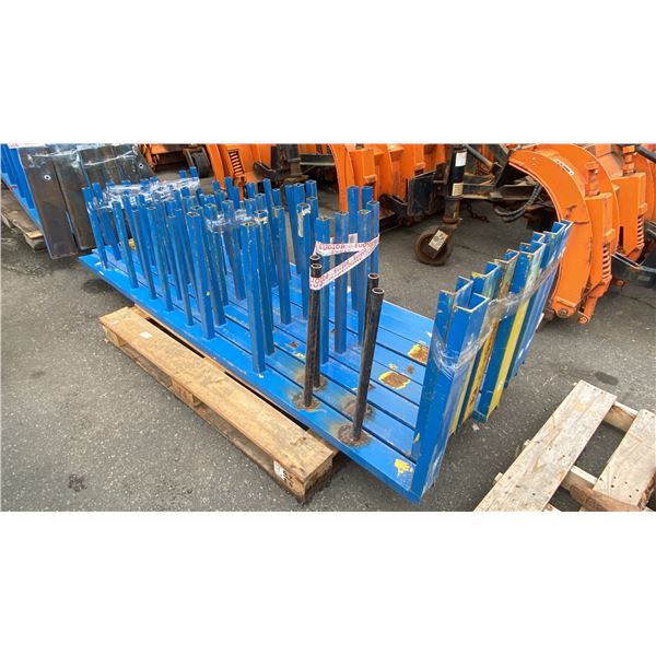 PALLET OF BLUE INDUSTRIAL METAL WALL/FLOOR MOUNT MATERIAL RACKS APPROX 8'3L