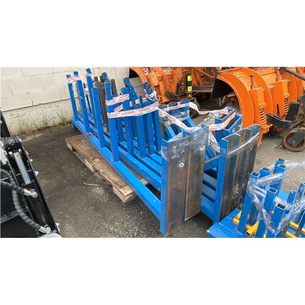 PALLET OF ASSORTED SIZED BLUE INDUSTRIAL METAL WALL/FLOOR MOUNT MATERIAL RACKS