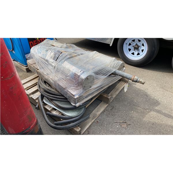 PALLET OF 4 INDUSTRIAL HEAVY DUTY SUBMERSIBLE PUMPS, EQUIPMENT WINDOWS, RUBBER WEATHER STRIPPING &