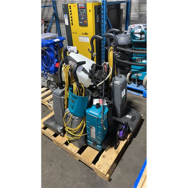 PALLET OF ASSORTED COMMERCIAL UPRIGHT VACUUMS, BACKPACK VACUUMS, & BACKPACK CHEMICAL SPRAYER *MUST