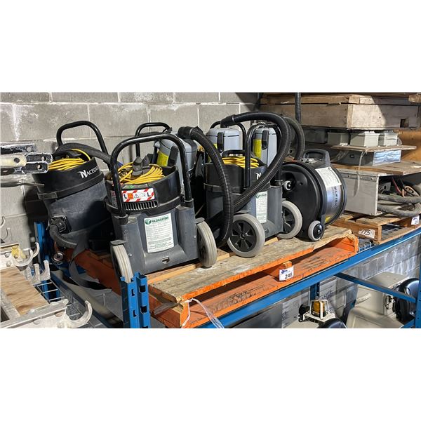 PALLET OF ASSORTED NACECARE COMMERCIAL VACUUMS *NO HOSES OR WANDS* & ADVANCE COMMERCIAL BACKPACK
