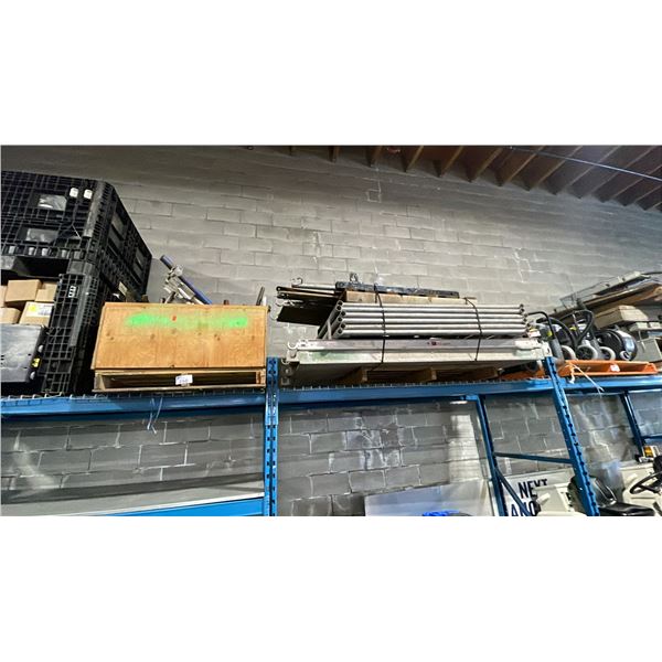 2 PALLETS OF ASSORTED GALVANIZED SCAFFOLDING PARTS, CROSS BEAMS, WALK PLANKS, TRIANGLE SUPPORT