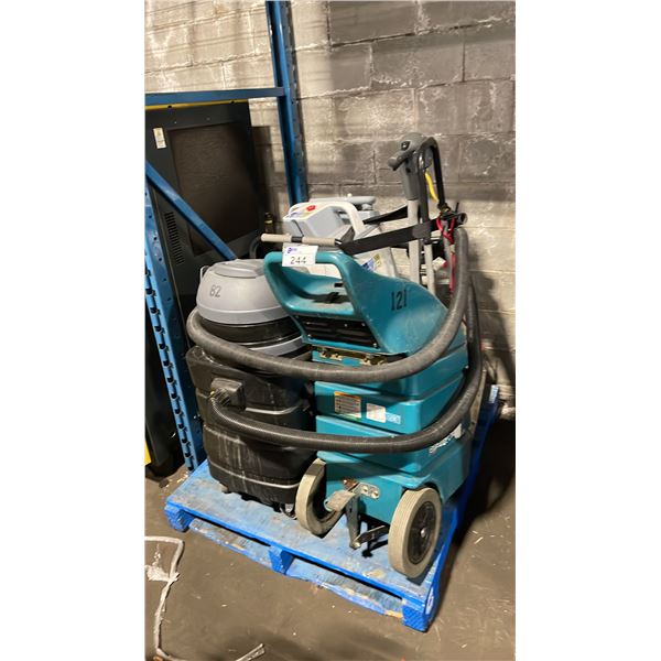 PALLET OF 2 TENNANT COMMERCIAL WET VACUUMS, TENNANT FLOOR BURNISHER, CVR MACHINE, & BRIAN ROBOTIC