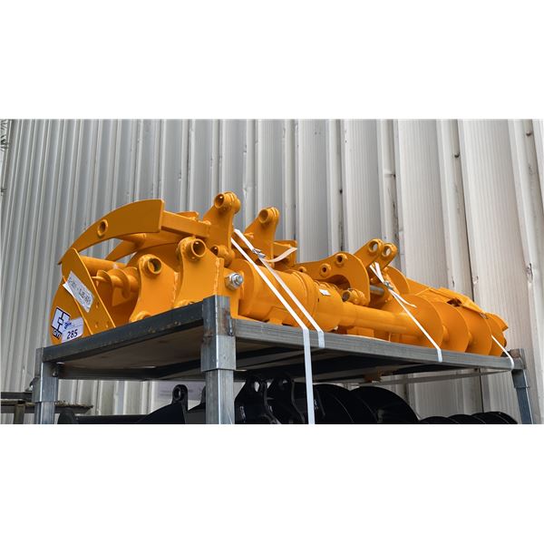 YELLOW MINI EXCAVATOR 8PC ATTACHMENT SET- 3 BUCKETS, AUGER, AUGER ROD, GRABBER, RAKE & RIPPER