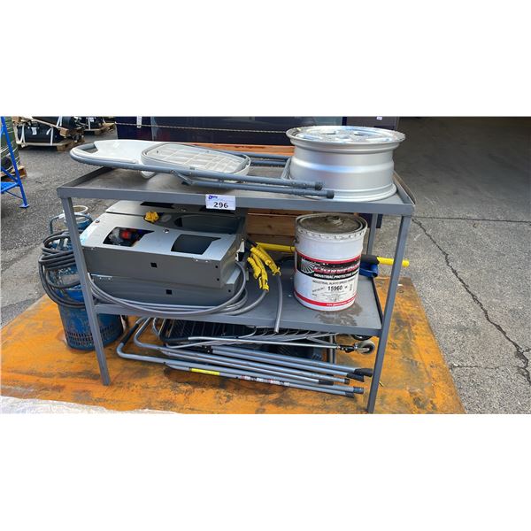 GREY METAL 2 TIER SHOP TABLE WITH ASSORTED FOLDING STEPS, VEHICLE RIM, SHOVELS, PAIL OF INDUSTRIAL
