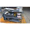 Image 1 : GREY METAL 2 TIER SHOP TABLE WITH ASSORTED FOLDING STEPS, VEHICLE RIM, SHOVELS, PAIL OF INDUSTRIAL