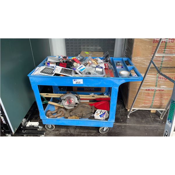 BLUE 2 TIER MOBILE PRODUCT CART WITH ASSORTED TOOLS, MARINE HARDWARE, HEAVY DUTY PULLEY, & MINI