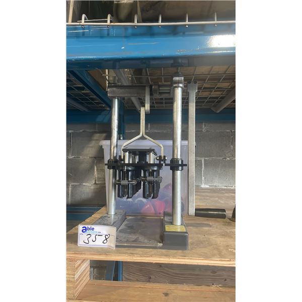 8 HEAD COMMERCIAL COUNTER TOP HAND OPERATED RING CAPPER WITH BIN OF ATTACHMENTS *BIN INCLUDED*