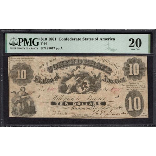 1861 $10 T-10 Confederate PMG 20