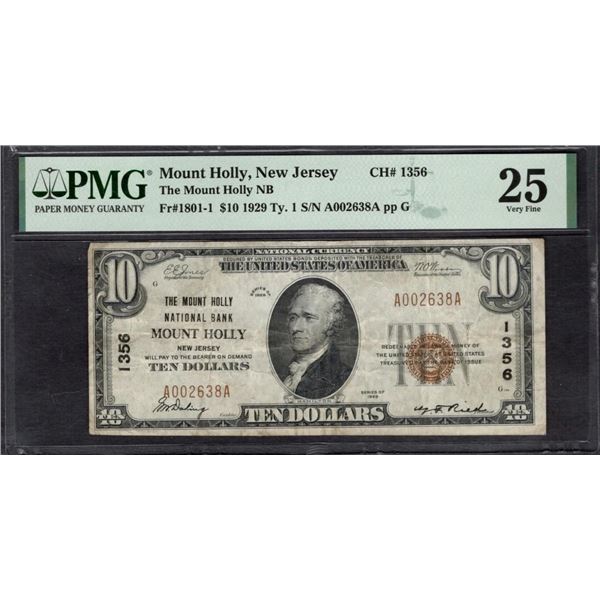 1929 $10 Mount Holly NJ National PMG 25