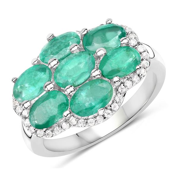 Plated Rhodium 3.08ctw Emerald and White Zircon Ring