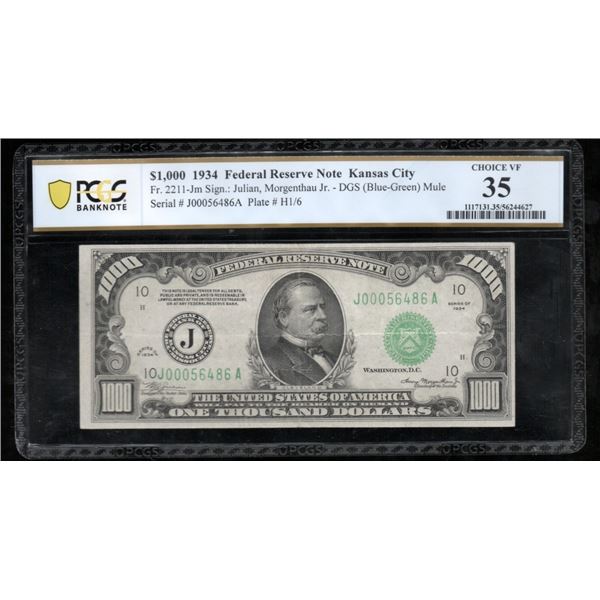 1934 $1000 Kansas City FRN PCGS 35