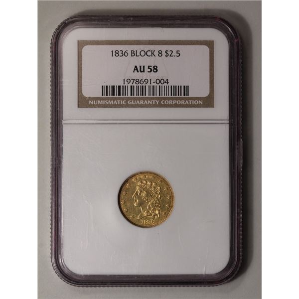1836 $2.5 Classic Head Quarter Eagle Gold Coin NGC AU58