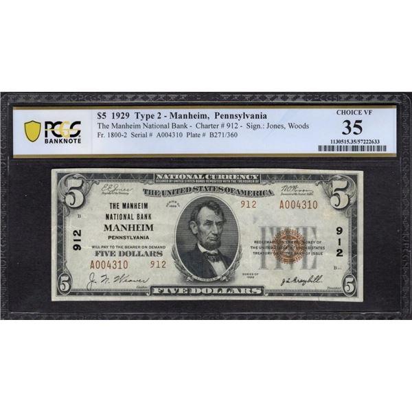 1929 $5 Manheim PA National PCGS 35