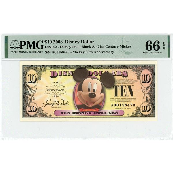 2008 $10 Mickey 80th Anniversary Disney Dollar PMG 66EPQ