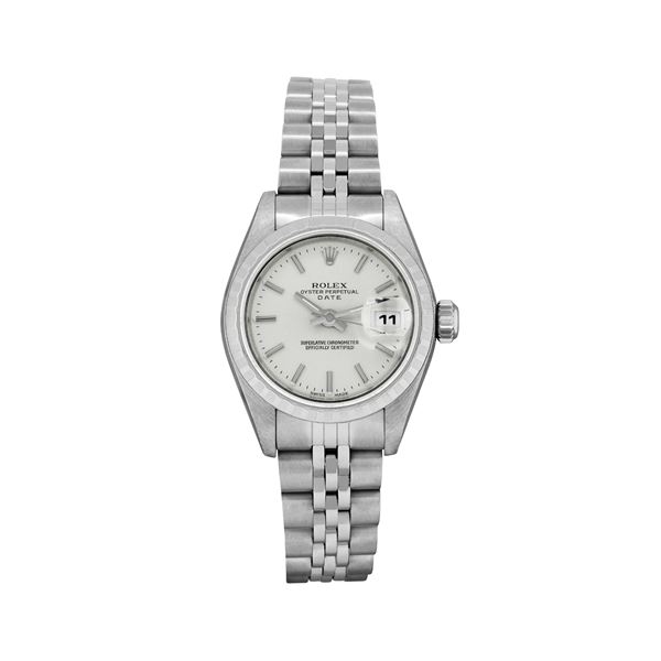 Rolex Ladies Stainless Steel Silver Index Engine Turn Quickset Date Watch