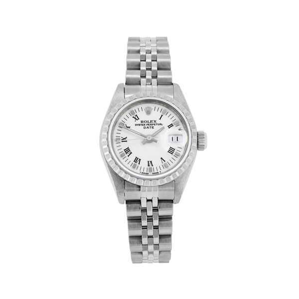 Rolex Ladies Stainless Steel White Roman Quickset Date Watch