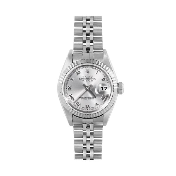 Rolex Ladies Stainless Steel Silver Roman 18K White Gold Fluted Quickset Datejust Watch