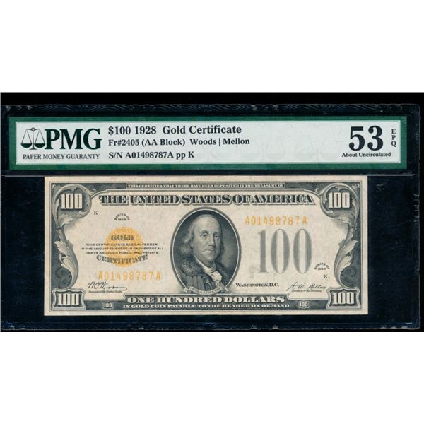 1928 $100 Gold Certificate PMG 53EPQ