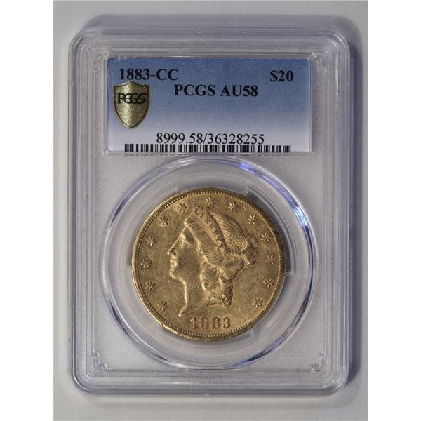 1883-CC $20 Liberty Head Double Eagle Gold Coin PCGS AU58