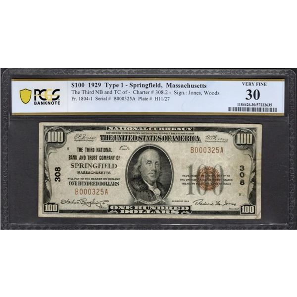 1929 $100 Springfield MA National PCGS 30