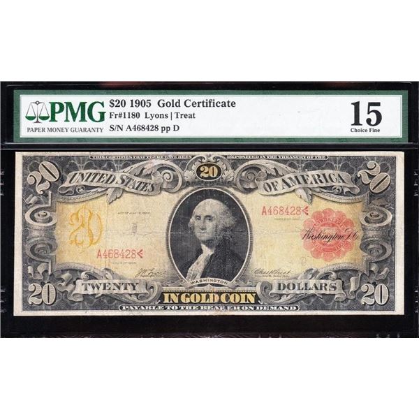 1905 $20 Technicolor Gold Certificate PMG 15