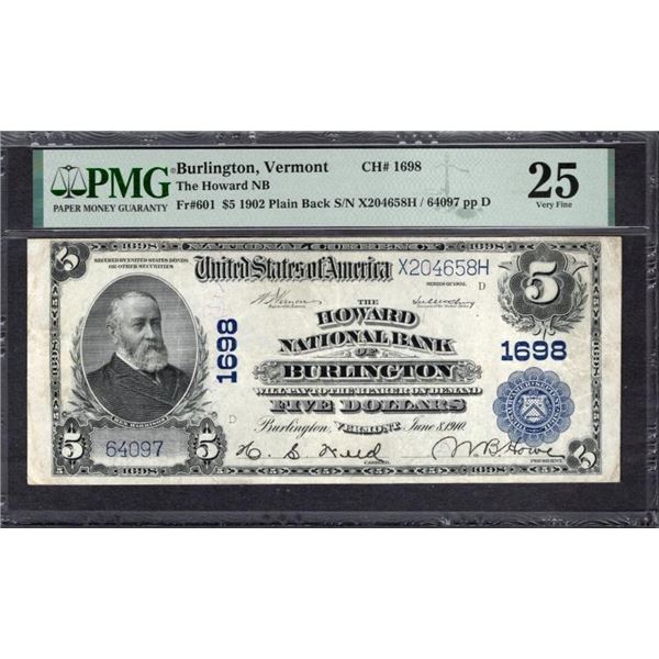 1902 $5 Burlington VT National PMG 25