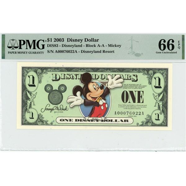 2003 $1 Mickey Disney Dollar PMG 66EPQ