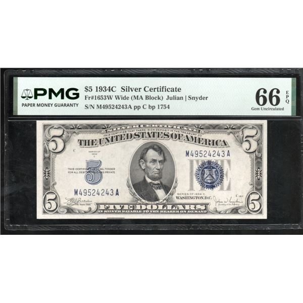 1934C $5 Silver Certificate PMG 66EPQ