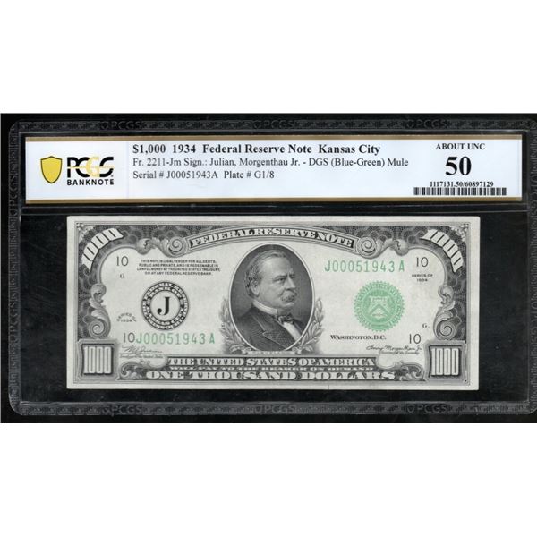 1934 $1000 Kansas City FRN PCGS 50