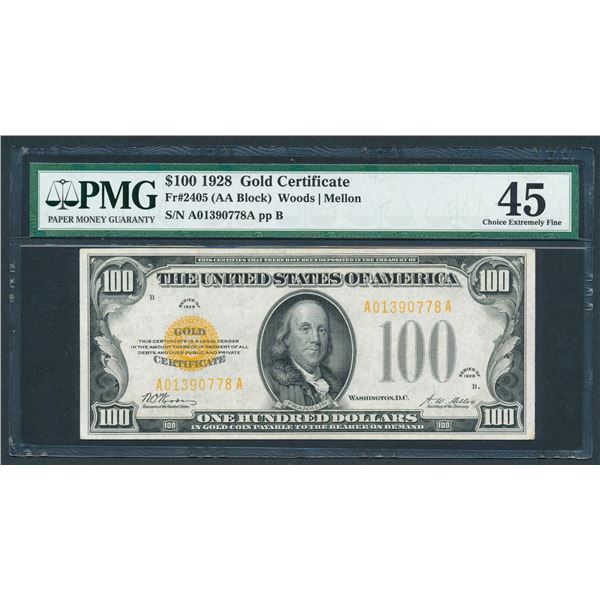 1928 $100 Gold Certificate PMG 45
