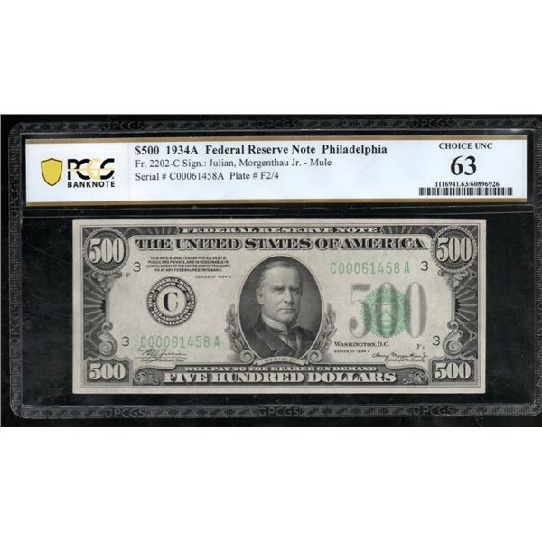 1934A $500 Philadelphia FRN PCGS 63
