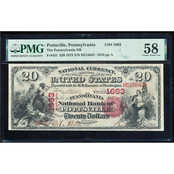 1875 $20 Pottsville PA National PMG 58EPQ