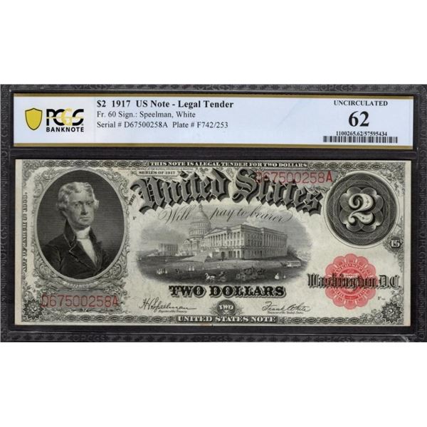 1917 $2 Legal Tender Note PCGS 62